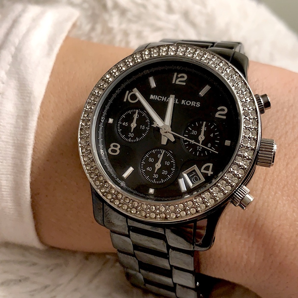 Michael Kors black ceramic rhinestone watch